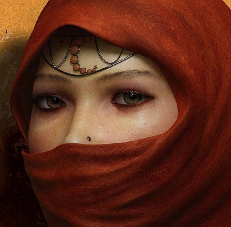 woman in red headscarf