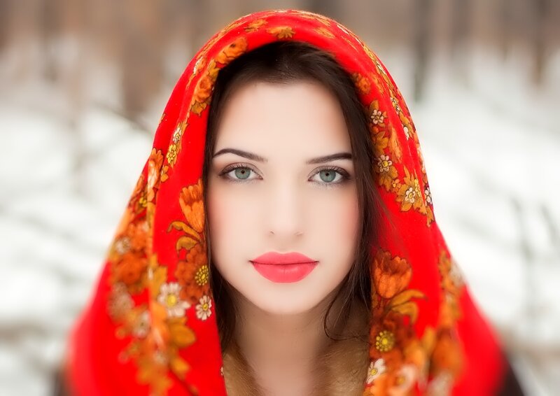 woman in red headscarf