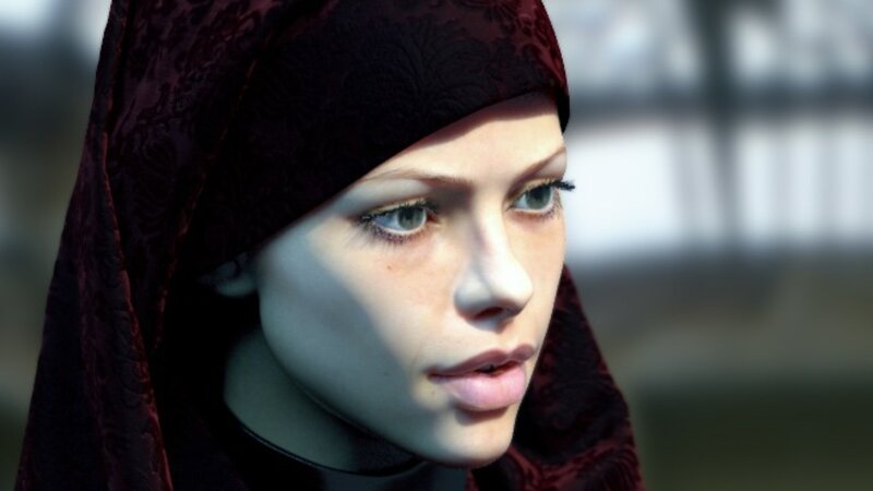 woman in red headscarf