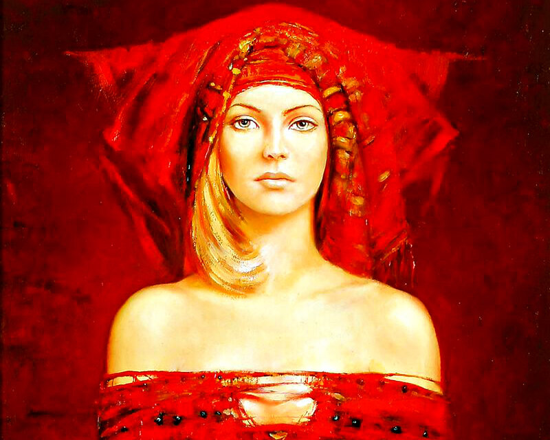 Woman in Red Headscarf — Dramatic, Painting
