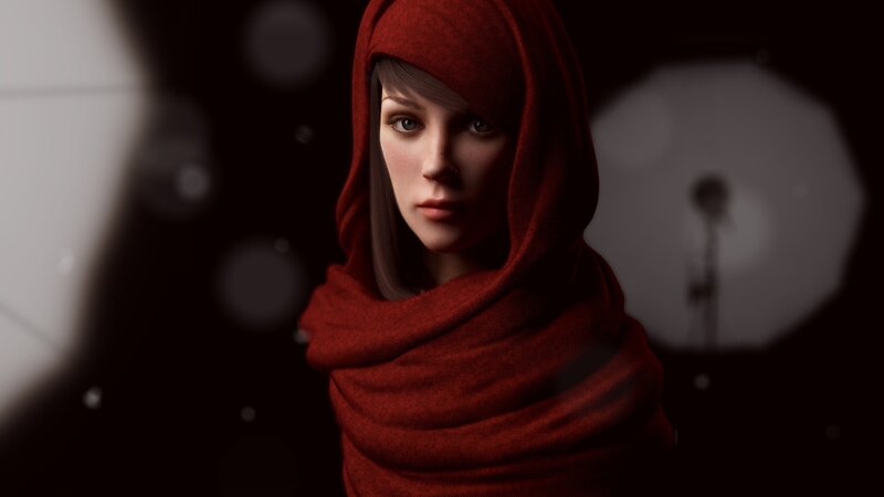 Woman in Red Hood — Dramatic, 3d Render, Dark Background