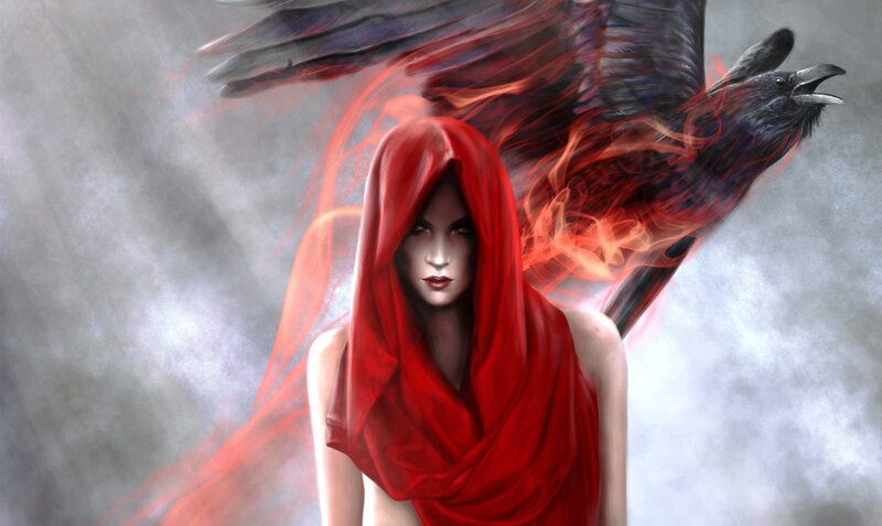 Woman in Red Hood — Dramatic, Digital Art, Bird
