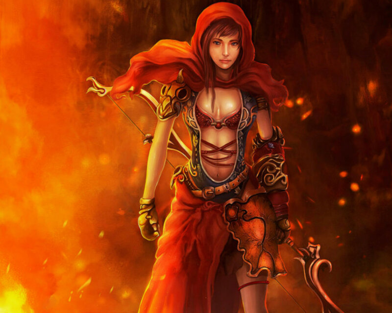 Woman in Red Hood — Dramatic, Digital Art, Bow