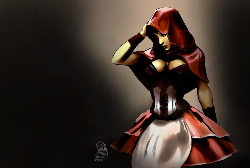 Woman in Red Hood — Dramatic, Digital Art, Corset