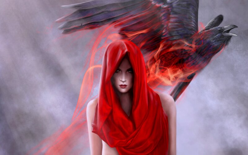 Woman in Red Hood — Dramatic, Digital Art, Crow