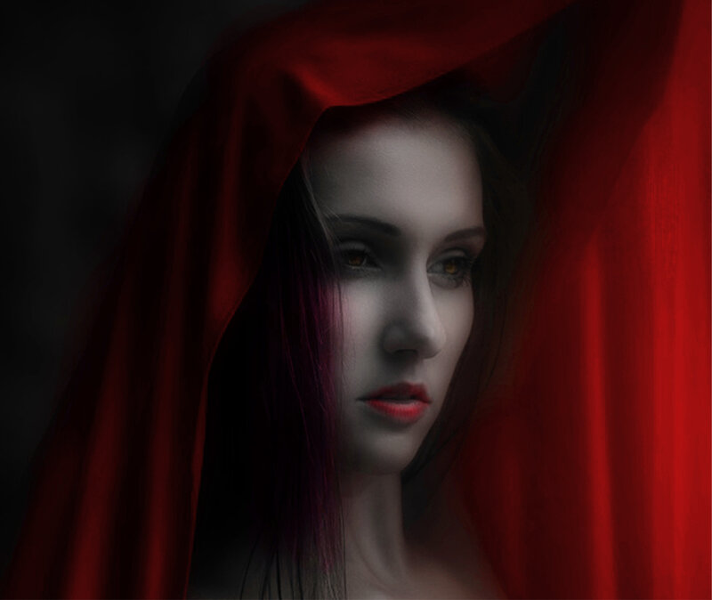 Woman in Red Hood — Dramatic, Digital Art, Face