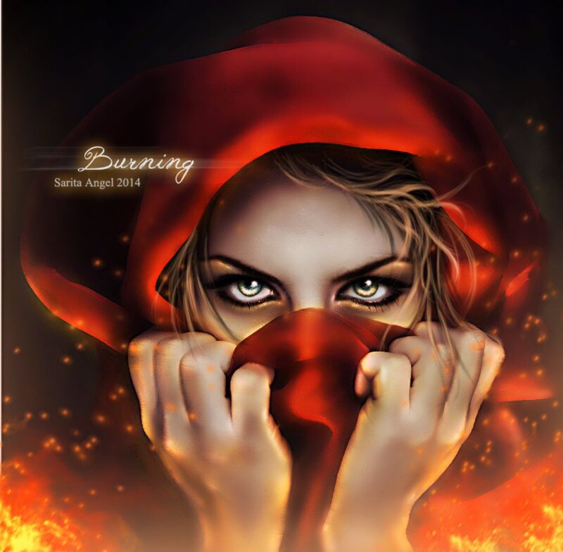 Woman in Red Hood — Dramatic, Digital Art, Fire