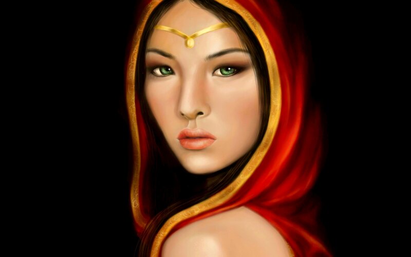 Woman in Red Hood — Dramatic, Digital Art, Gold Headband