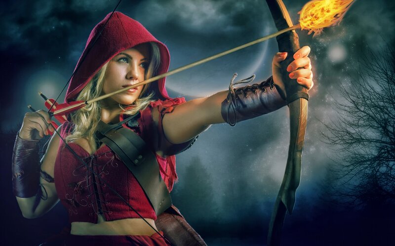Woman in Red Hood — Dramatic, Night, Digital Art, Bow and Arrow