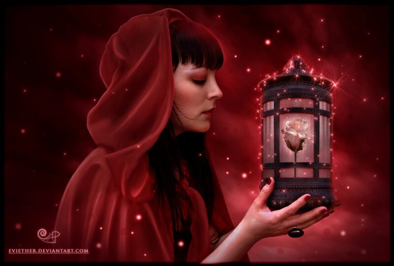 Woman in Red Hood — Dramatic, Night, Digital Art, Lantern