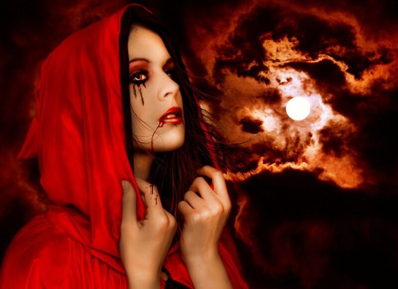 Woman in Red Hood — Dramatic, Night, Digital Art, Moon