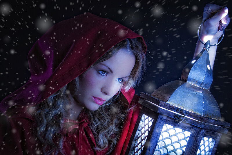 Woman in Red Hood — Dramatic, Night, Photograph