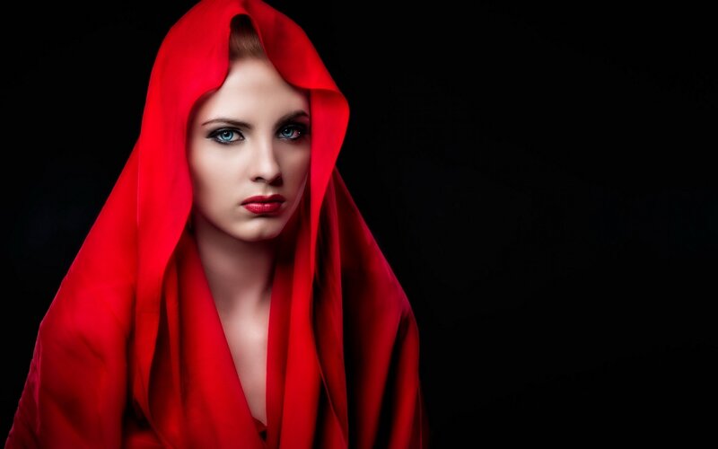 Woman in Red Hood — Dramatic, Photograph, Blue Eyes