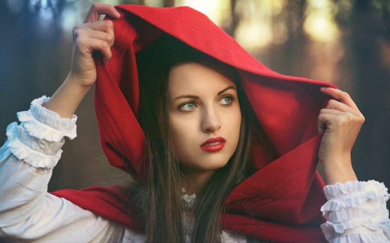 Woman in Red Hood — Dramatic, Photograph, Forest