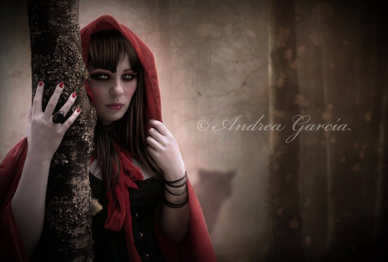 Woman in Red Hood — Dramatic, Photograph, Tree