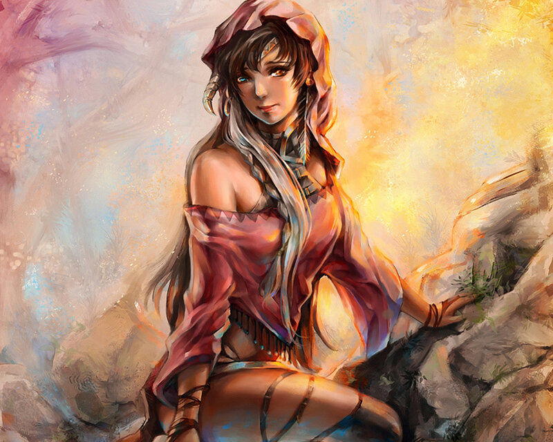 Woman in Red Hood — Dramatic, Sunset, Digital Art, Rocks