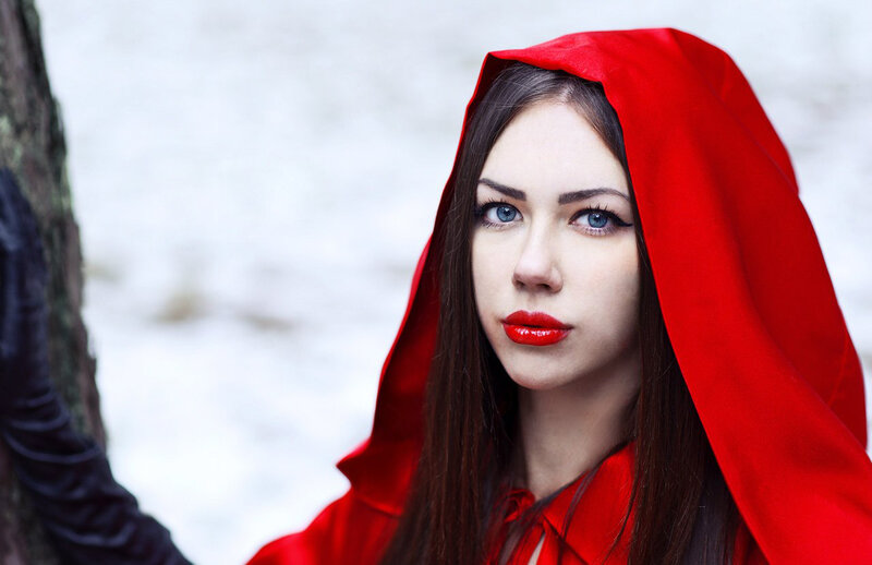 Woman in Red Hood — Dramatic, Winter, Photograph, Tree