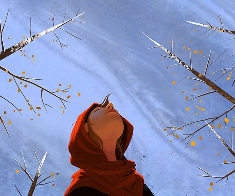 woman in red hood looking up