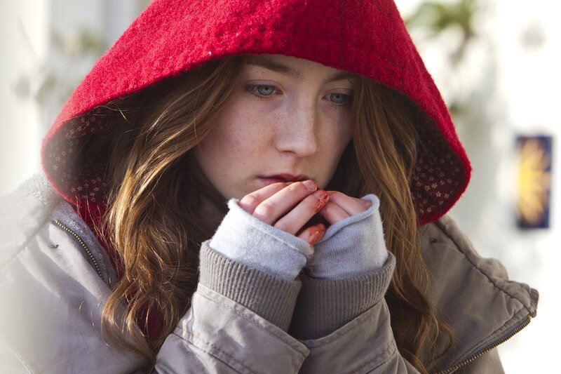 woman in red hood with bloodied hands