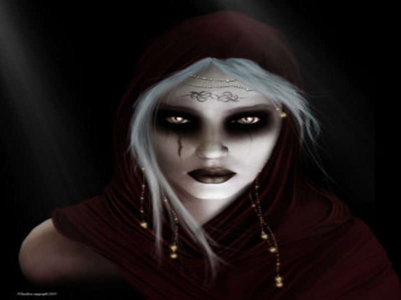 woman in red hood with pale face
