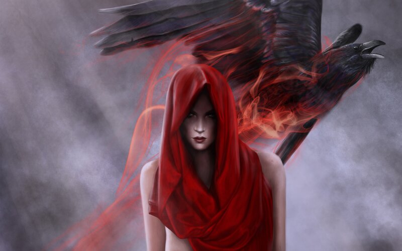 woman in red hood with raven