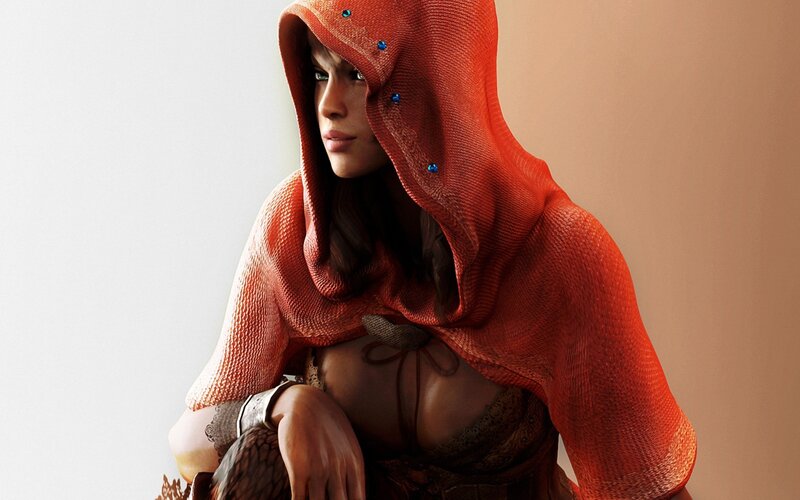 woman in red hooded cloak
