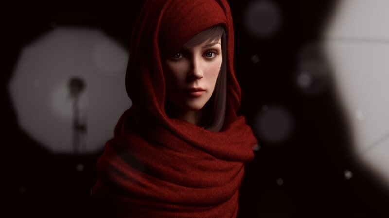woman in red hooded cloak