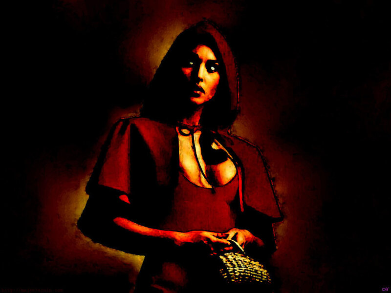 woman in red hooded cloak