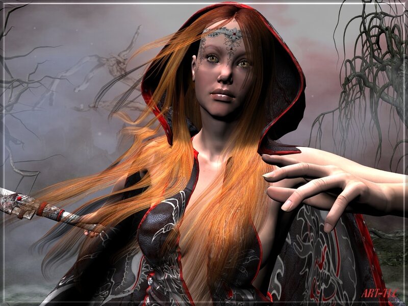 woman in red hooded cloak