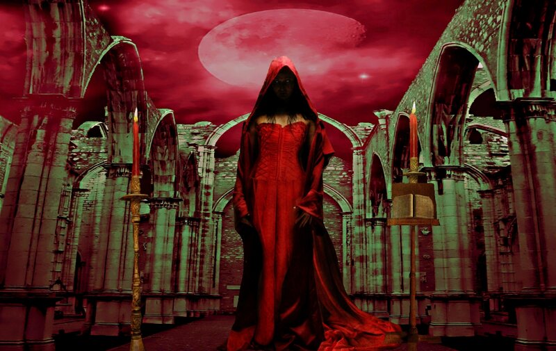 Woman in Red Hooded Dress — Dramatic