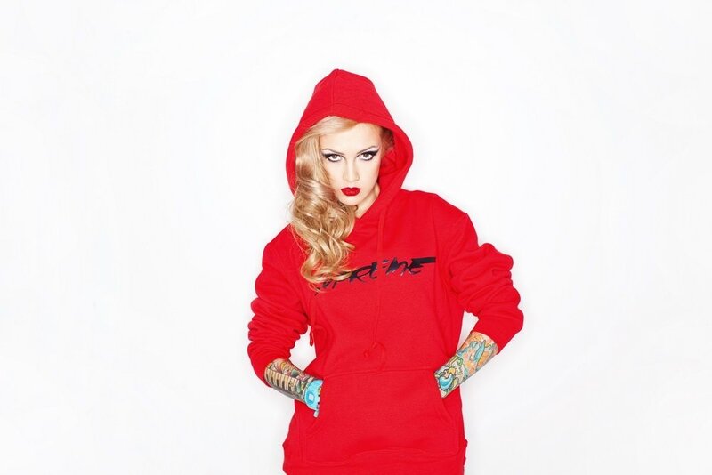 woman in red hoodie