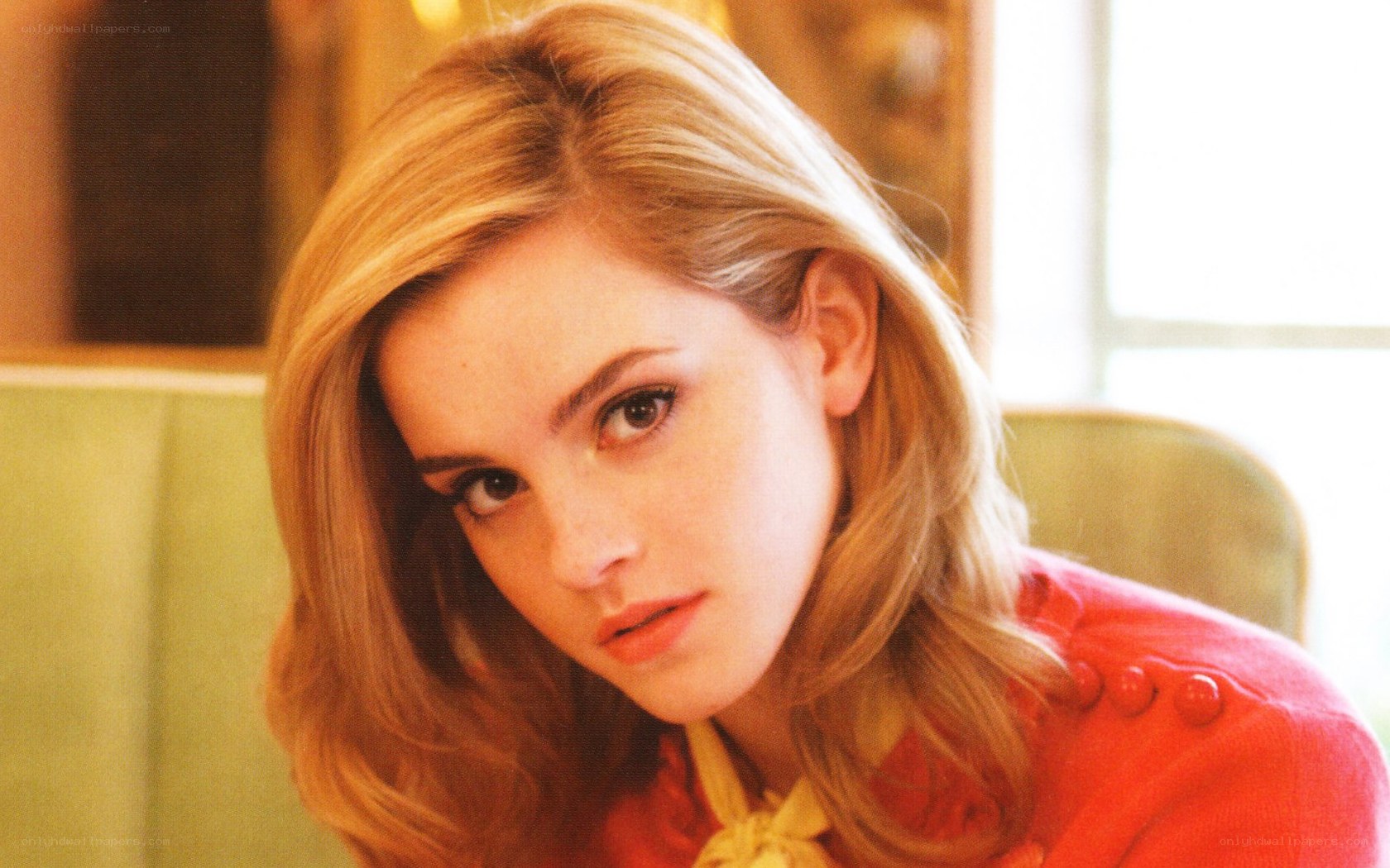 woman in red jacket