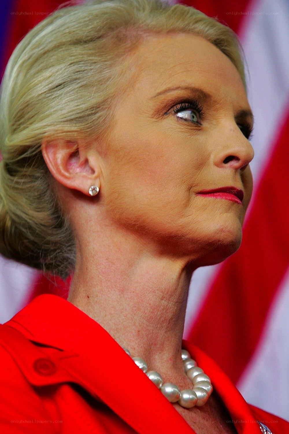 woman in red jacket