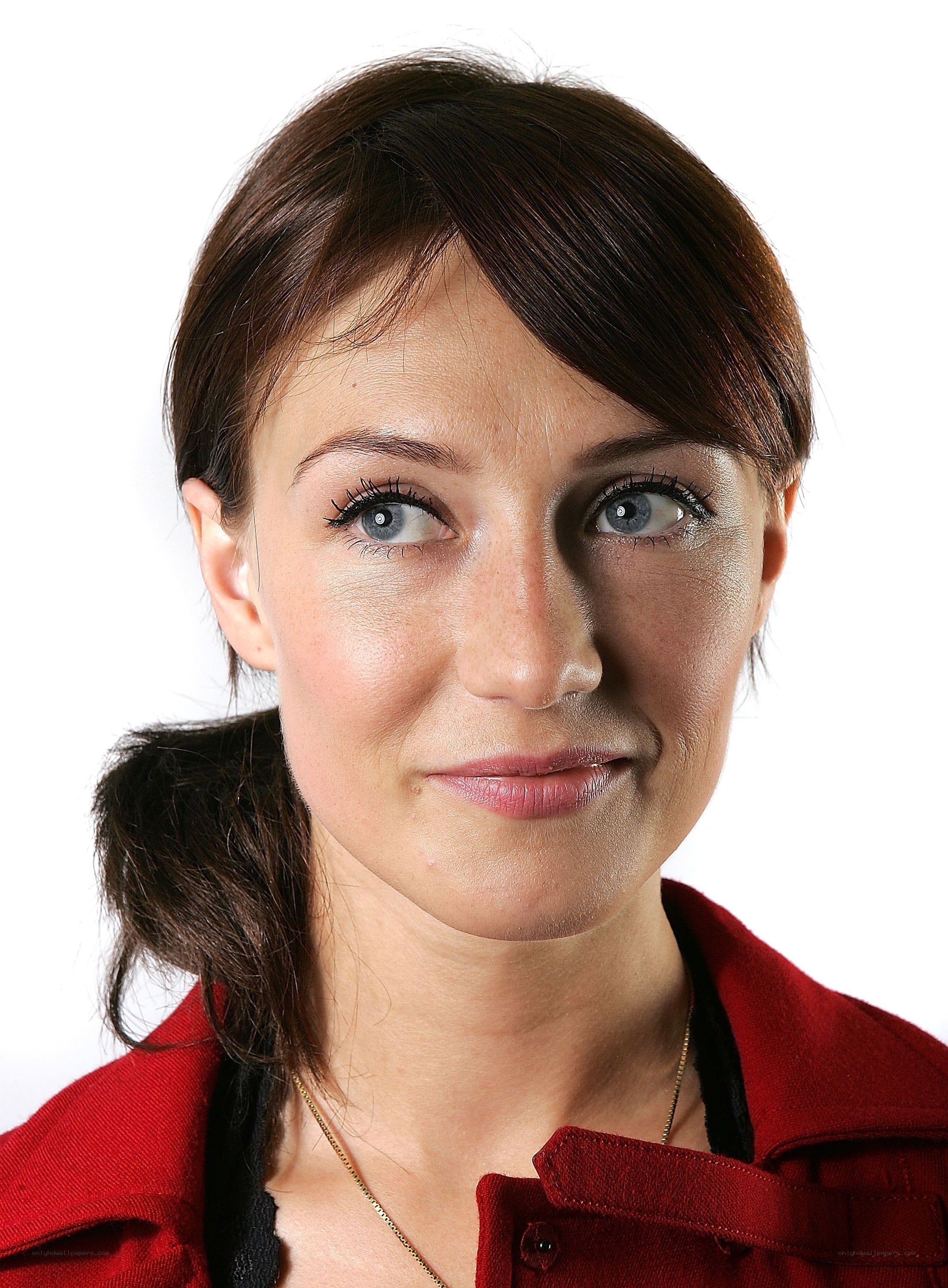 woman in red jacket