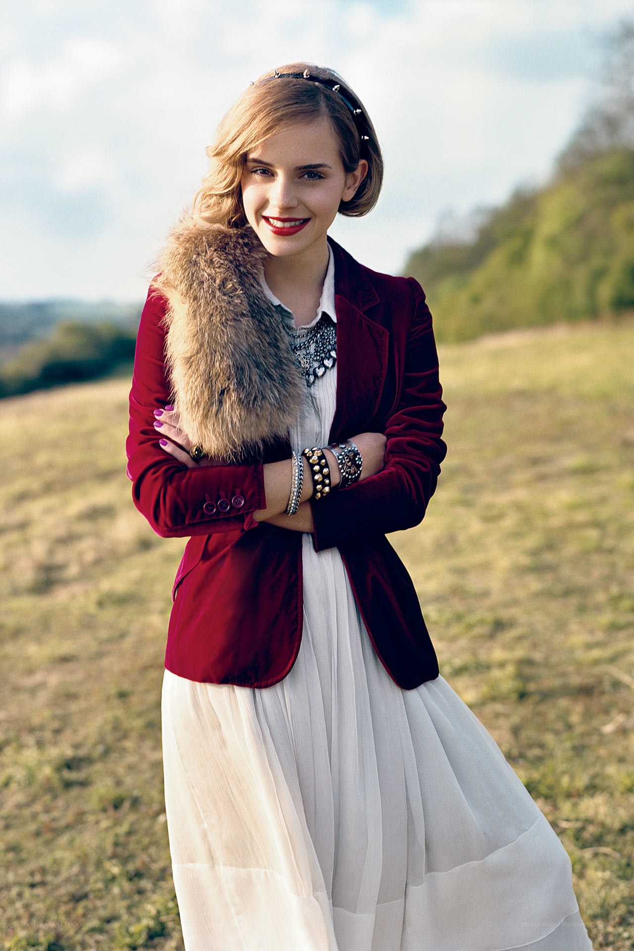 woman in red jacket
