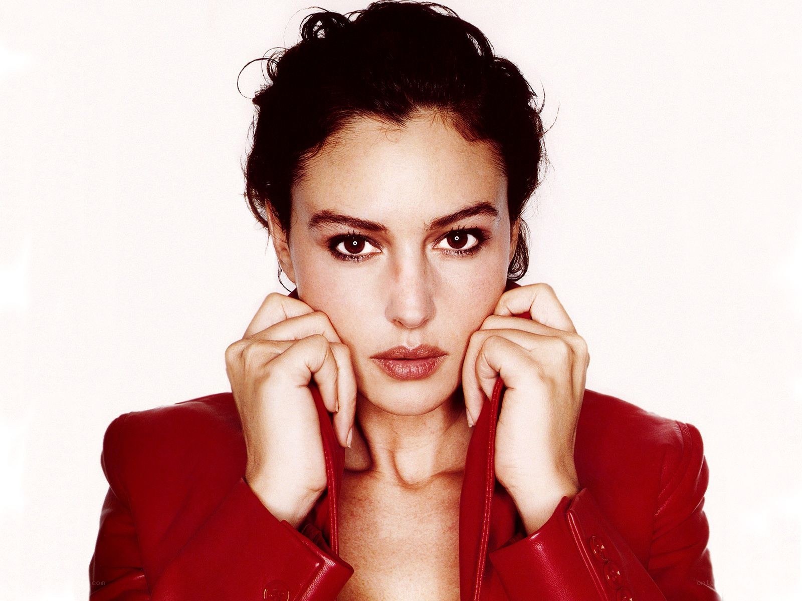 woman in red jacket