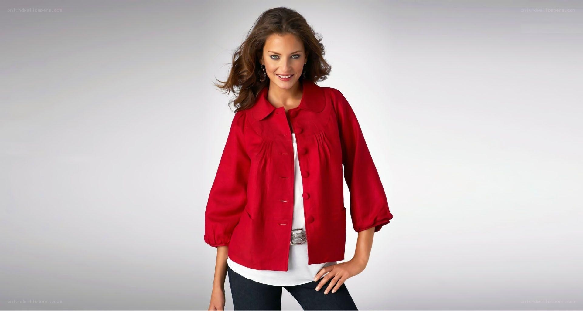 woman in red jacket