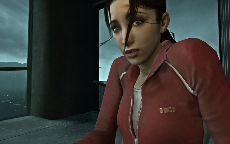 woman in red jacket