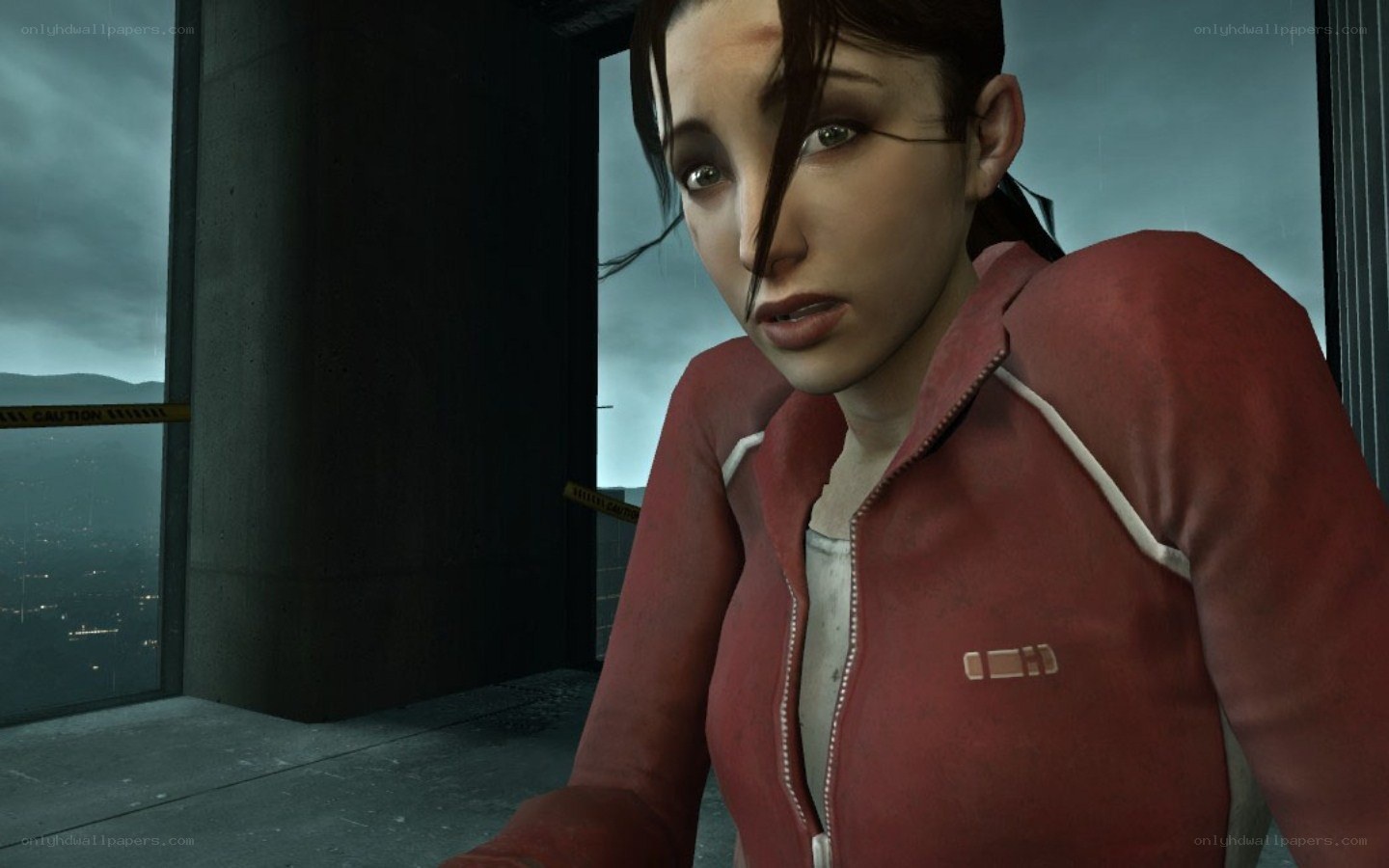 woman in red jacket