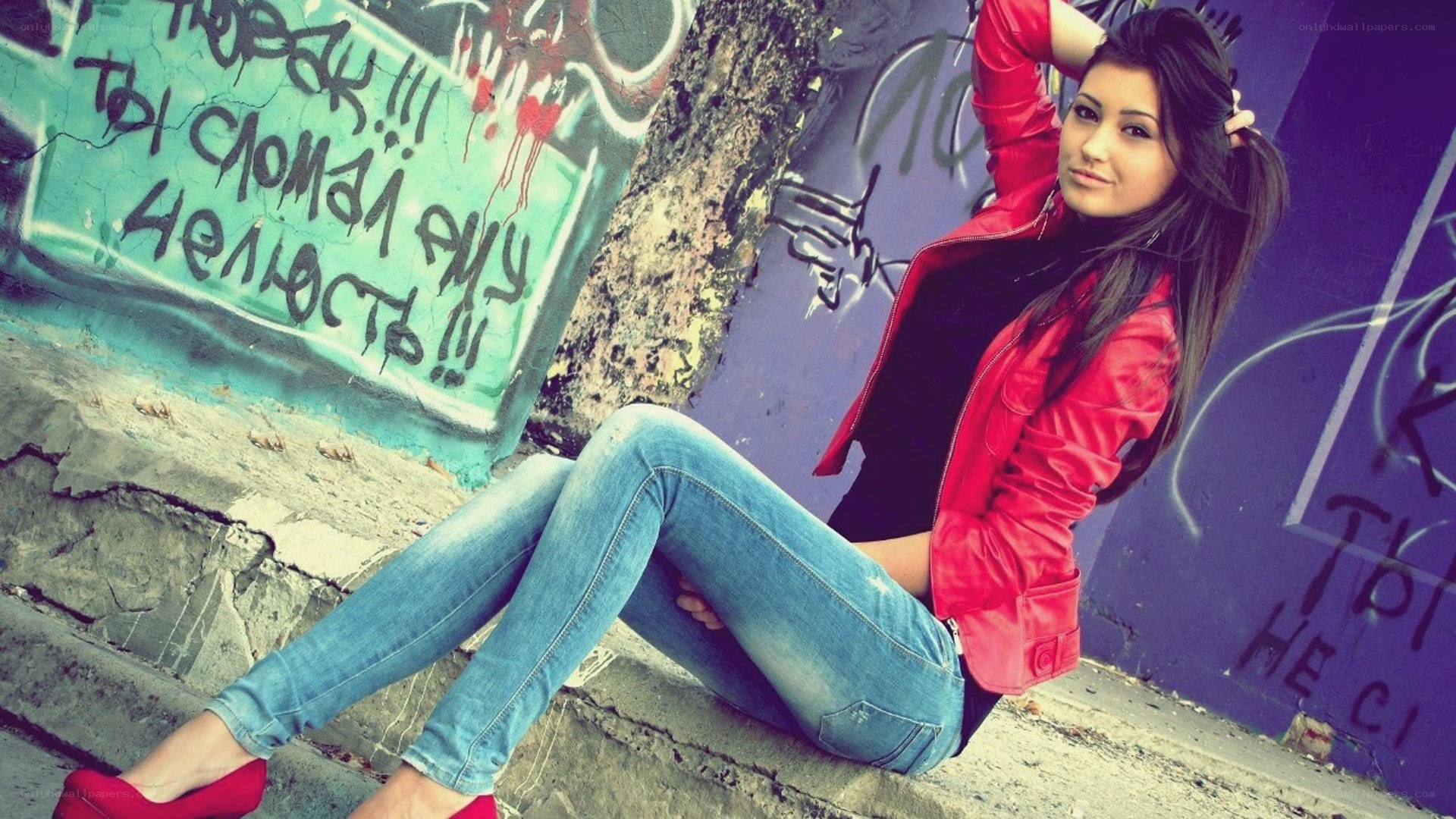 Woman in red jacket on steps