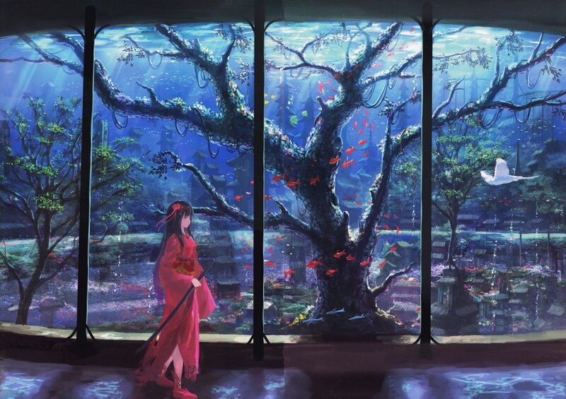 woman in red kimono by window