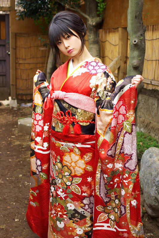 Woman in Red Kimono — Calm, Afternoon, Photograph, Tree