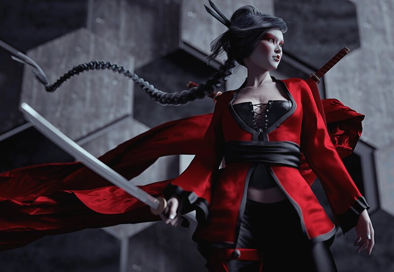 Woman in Red Kimono — Dramatic, 3d Render