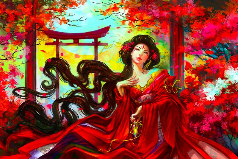 Woman in Red Kimono — Dramatic, Autumn