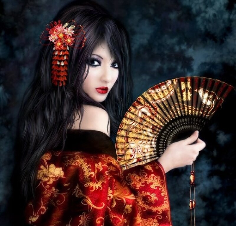 Woman in Red Kimono — Dramatic, Digital Art, Fan, Hair Ornament