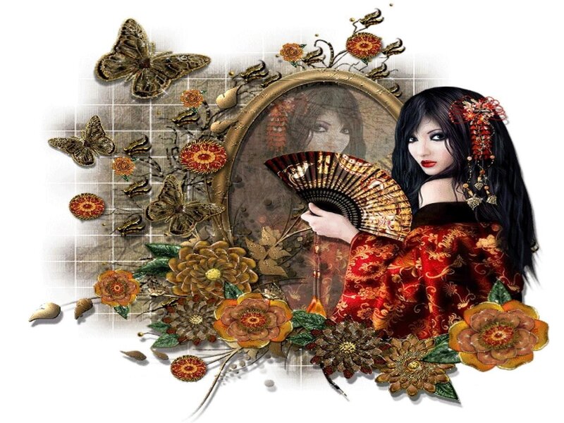 Woman in Red Kimono — Dramatic, Digital Art, Fan