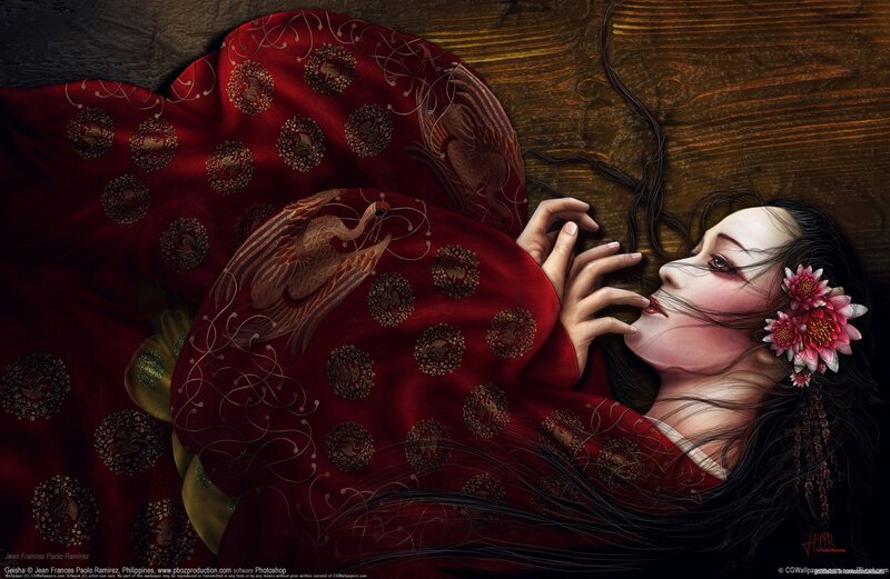 Woman in Red Kimono — Dramatic, Digital Art, Flower