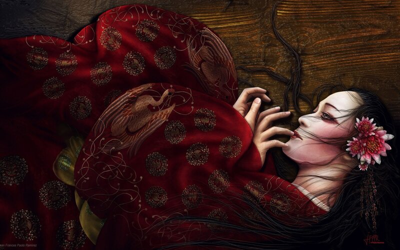 Woman in Red Kimono — Dramatic, Digital Art, Flower, Wood Floor, Bird Pattern