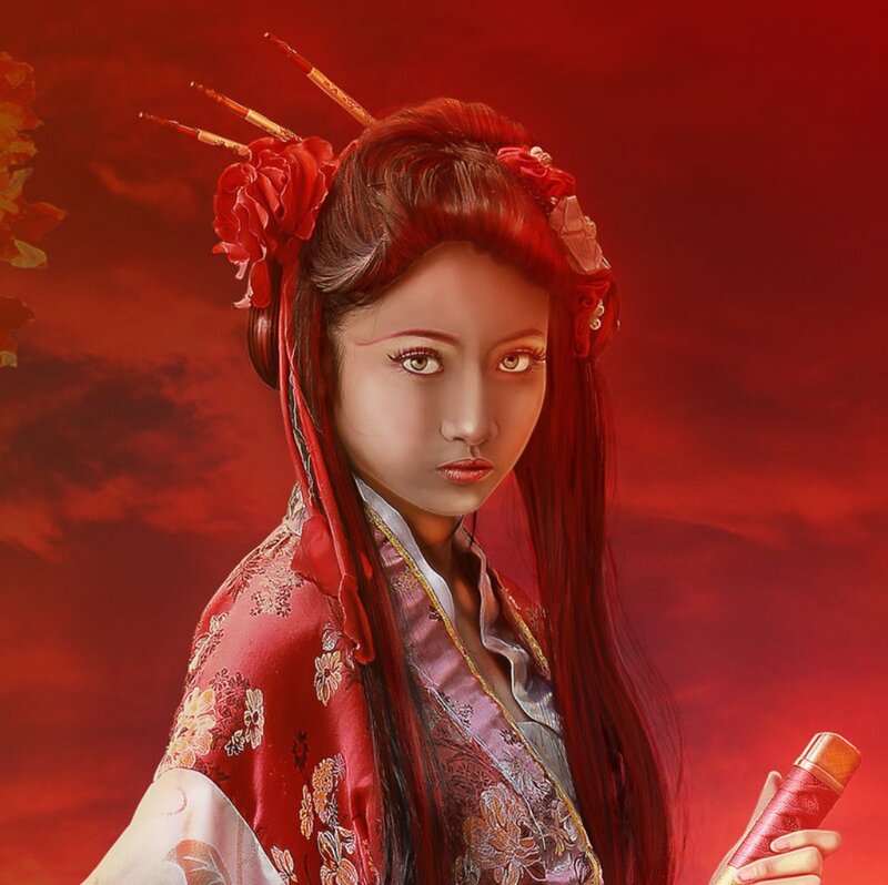 Woman in Red Kimono — Dramatic, Digital Art, Hair Ornaments