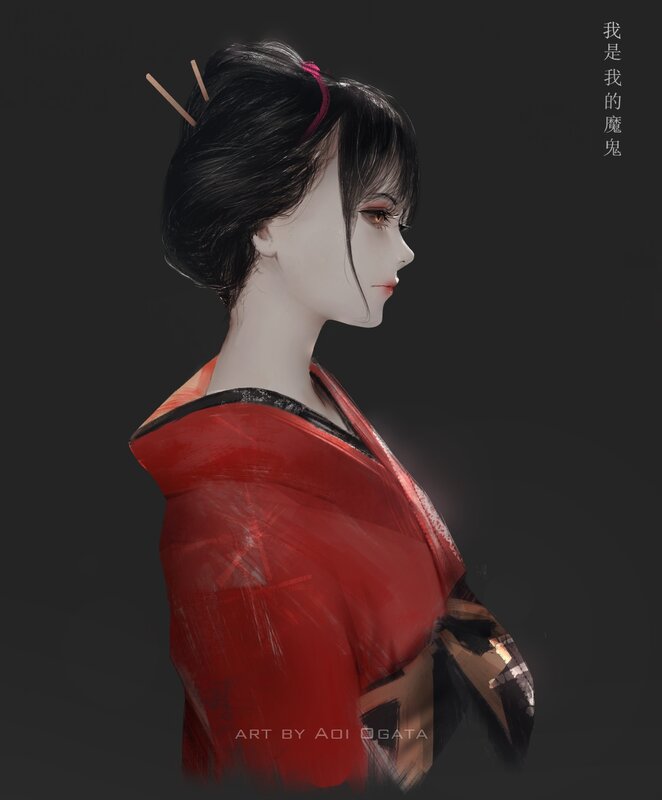 Woman in Red Kimono — Dramatic, Digital Art, Hairpins